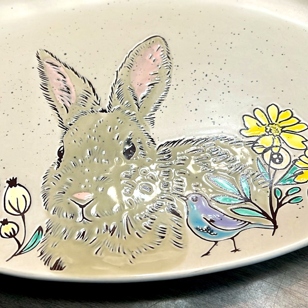 NWOT Spectrum designz hand painted bunny, bird, and flower serving platter